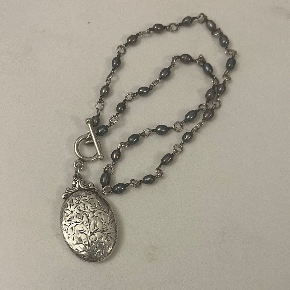Vintage Sterling Locket on Black Pearl Chain